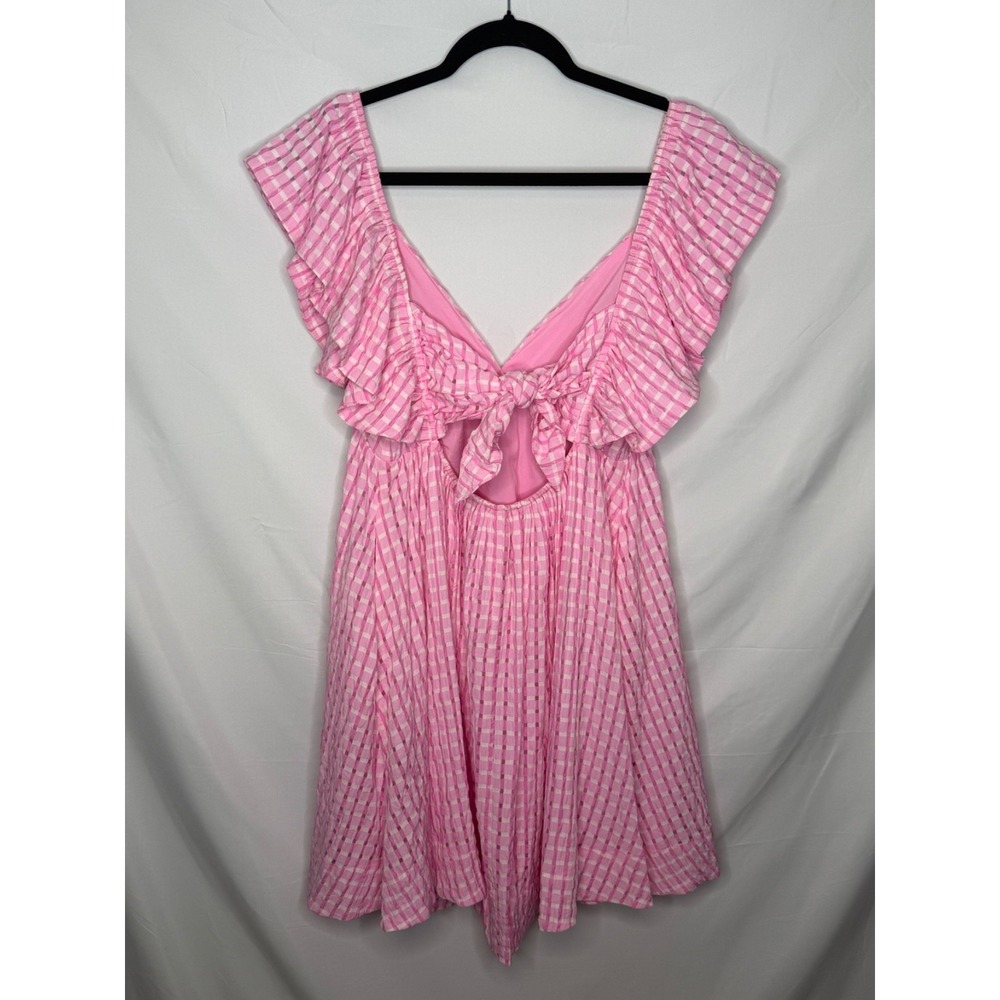 Day + Moon Pink Gingham Seersucker Mini Dress Pockets Open Back Bow L Large - Picture 4 of 12